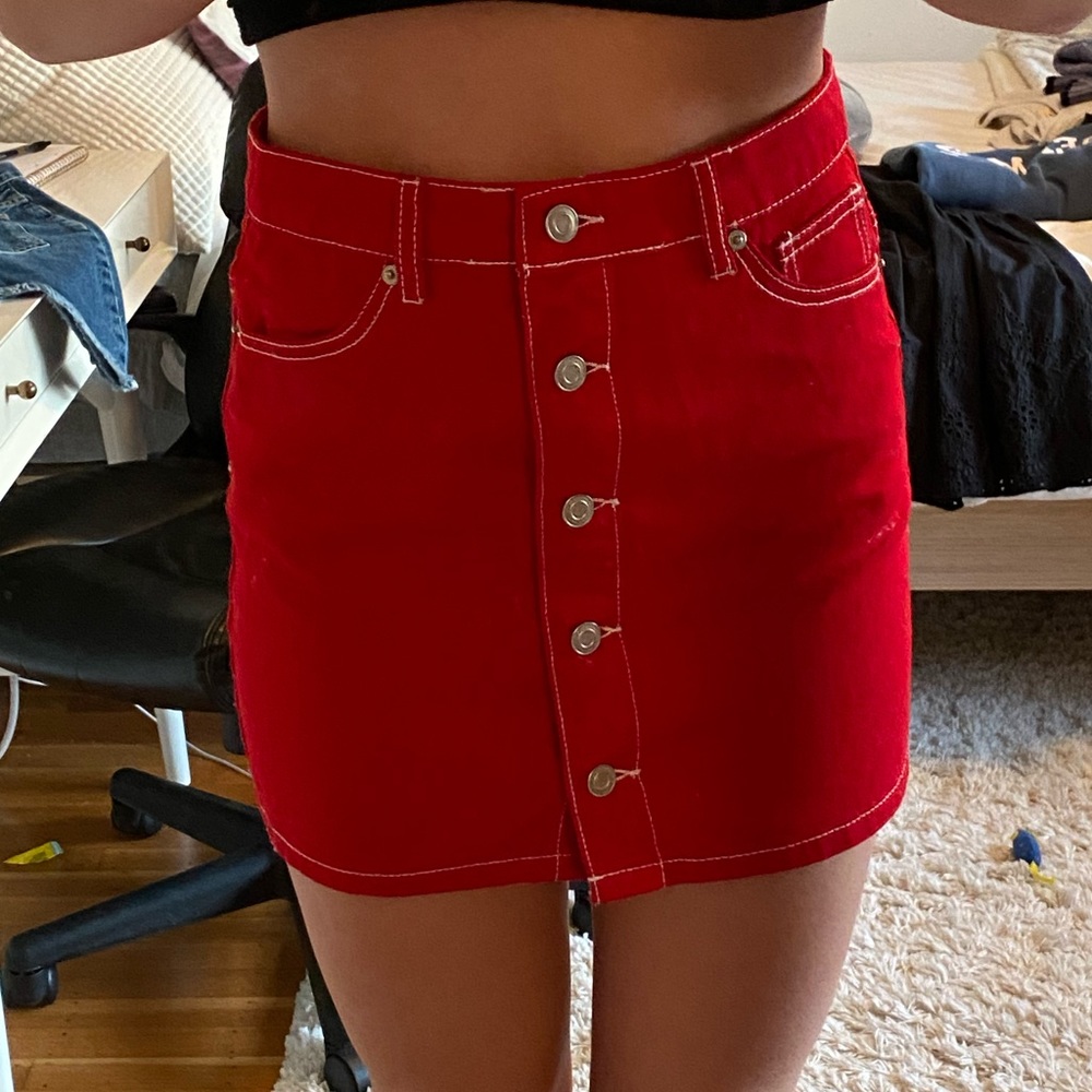 Red Buttonup Jean Skirt